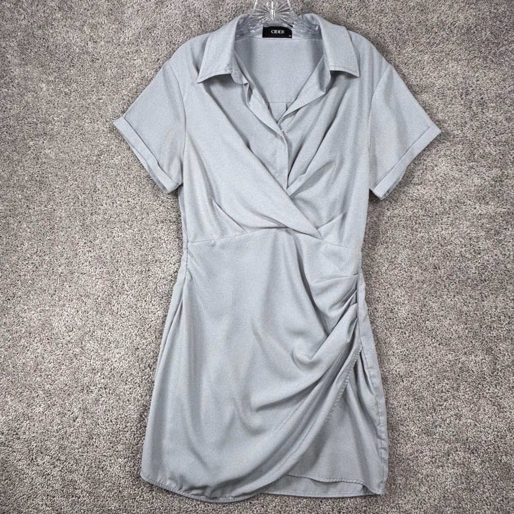 Cider Sky Blue Wrap Front Collared Mini Dress Short Sleeve Ruched Size M
